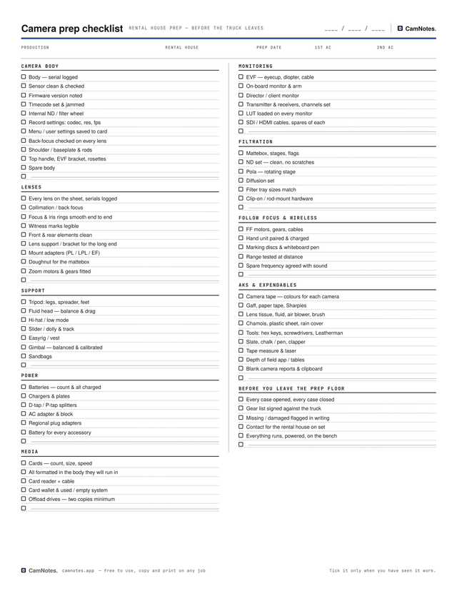 Blank camera prep checklist template, portrait, ten sections