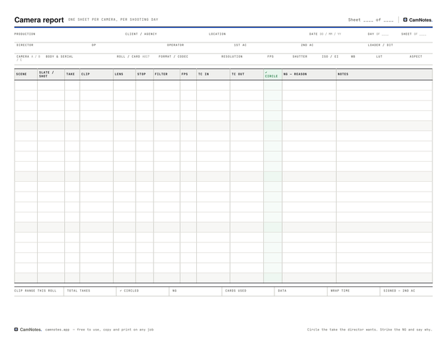 Blank camera report template, landscape, twenty rows