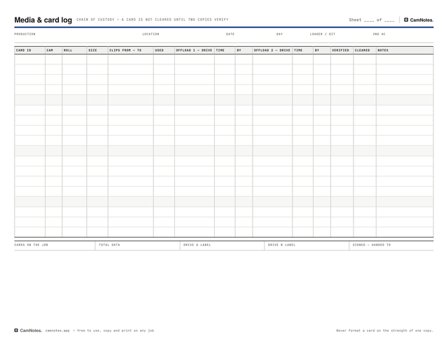 Blank media and card log template, landscape, chain of custody columns
